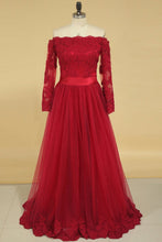 Load image into Gallery viewer, A Line Boat Neck With Applique Long Sleeves Floor Length Prom Dresses Burgundy/Maroon