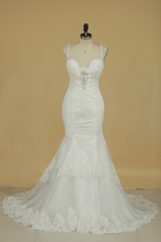 Load image into Gallery viewer, Spaghetti Straps Mermaid Wedding Dresses Tulle With Applique And Beads