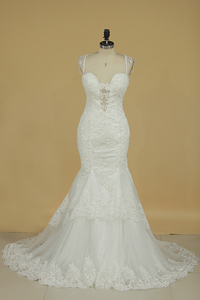 Spaghetti Straps Mermaid Wedding Dresses Tulle With Applique And Beads