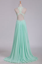 Load image into Gallery viewer, See-Through Scoop A Line Chiffon Prom Dresses With Applique Floor Length