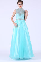 Load image into Gallery viewer, High Neck Prom Dresses Tulle &amp; Lace With Beading A Line