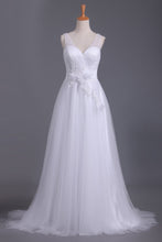 Load image into Gallery viewer, A Line V Neck Open Back Wedding Dresses Tulle With Ruffles And Handmade Flowers