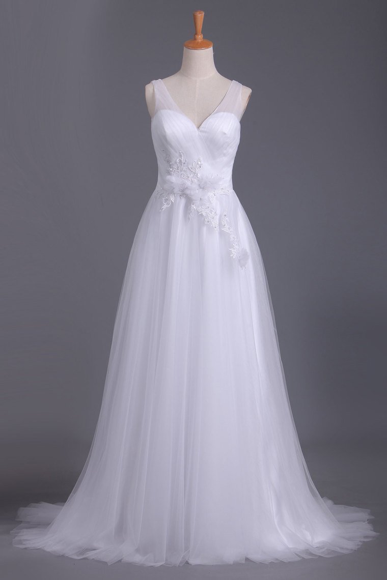 A Line V Neck Open Back Wedding Dresses Tulle With Ruffles And Handmade Flowers