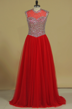 Load image into Gallery viewer, V Neck Beaded Bodice Tulle Prom Dresses A Line Sweep Train