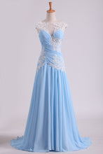 Load image into Gallery viewer, Chiffon Prom Dress Bateau Neckline Pleated Bodice With Applique
