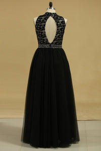 A Line High Neck Prom Dresses Tulle With Beading Floor Length