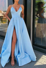 Load image into Gallery viewer, A Line Blue Satin Long Prom Dresses, V Neck High Slit Formal Evening Dresses with Pockets SJS14992