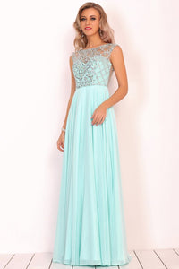 A Line Boat Neck Chiffon Prom Dresses With Beading Floor Length