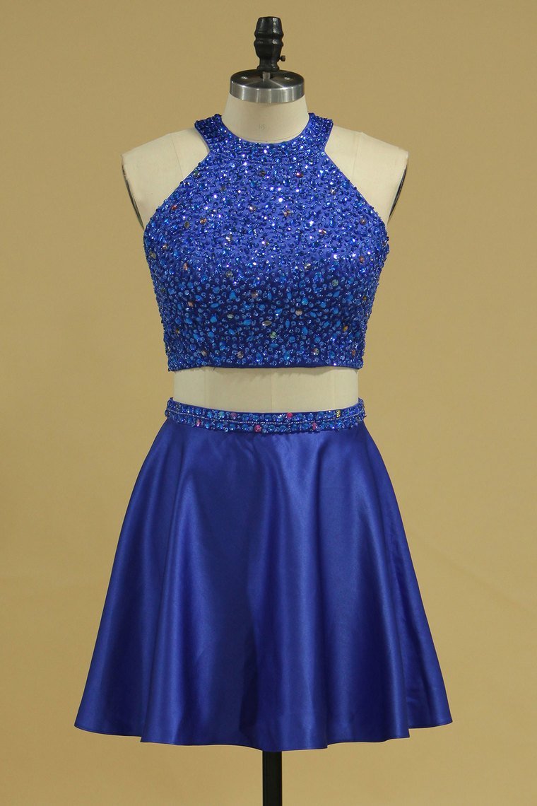 Two-Piece Scoop A Line Satin With Beads Open Back Homecoming Dresses