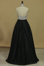 Load image into Gallery viewer, Sexy Open Back A Line Halter Prom Dresses Satin With Beading
