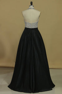 Sexy Open Back A Line Halter Prom Dresses Satin With Beading