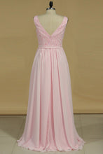 Load image into Gallery viewer, A Line Bridesmaid Dresses V Neck Beaded Bodice Chiffon Floor Length