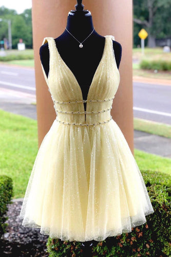 Yellow Sparkly Beading Short Prom Dresses Sequins Homecoming Dresses