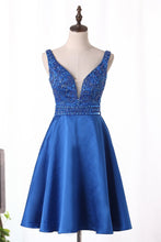Load image into Gallery viewer, Homecoming Dresses V Neck Beaded Bodice Above Knee Length A Line