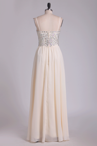 A Line Spaghetti Straps Chiffon With Beading Floor Length Prom Dresses