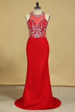 Load image into Gallery viewer, Red Plus Size Prom Dresses Scoop Beaded Bodice Sweep Train Lace Mermaid