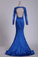 Royal Blue Prom Dresses Long Sleeves Mermaid/Trumpet Satin With Applique Backless