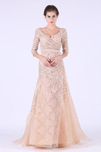 Load image into Gallery viewer, New Arrival Prom Dresses V Neck 3/4 Length Sleeves Organza With Beads