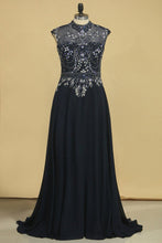 Load image into Gallery viewer, A Line High Neck Beaded Bodice Prom Dresses Open Back Chiffon