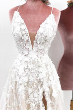 Load image into Gallery viewer, Unique Spaghetti Straps Lace Appliques V Neck Wedding Dresses Long Wedding SJSPJ62MHLD