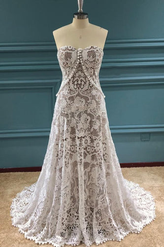 Elegant A Line Lace Appliques Sweetheart Strapless Wedding Dresses, Bridal SJS15636