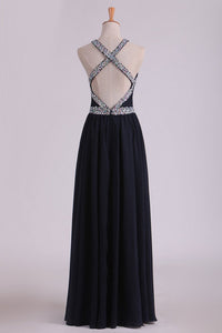 Sexy Open Back A Line Prom Dresses Chiffon With Beads And Slit