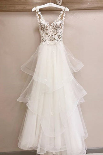 Charming Tulle Appliques V Neck Lace Wedding Dresses with Ruffles