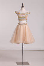 Load image into Gallery viewer, Two-Piece A Line Homecoming Dresses Off The Shoulder Beaded Bodice Tulle