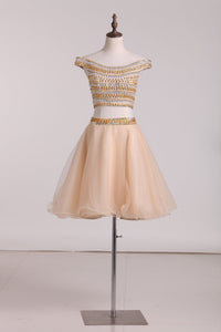 Two-Piece A Line Homecoming Dresses Off The Shoulder Beaded Bodice Tulle