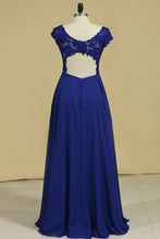 Load image into Gallery viewer, V Neck Prom Dresses Cap Sleeves Chiffon With Applique Open Back