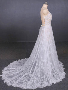 Spaghetti Straps V Neck Lace Off White Wedding Dresses with Criss Cross Bridal Dresses SJS15422
