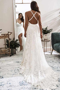 Elegant A Line V Neck Lace Ivory Beach Wedding Dresses with Slit, Bridal Gowns SJS15579