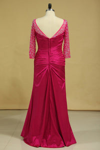 Plus Size Scoop Mother Of The Bride Dresses Long Sleeves Taffeta With Beads And Ruffles Fuchsia
