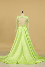 Load image into Gallery viewer, Prom Dresses Scoop Long Sleeves A Line Satin With Applique And Beads