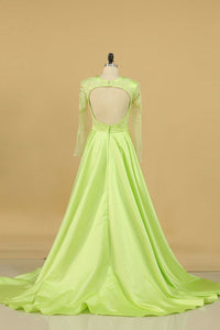 Prom Dresses Scoop Long Sleeves A Line Satin With Applique And Beads