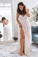 Load image into Gallery viewer, Elegant A Line V Neck Lace Ivory Beach Wedding Dresses with Slit, Bridal Gowns SJS15579