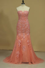 Load image into Gallery viewer, Mermaid Prom Dresses Sweetheart With Beading And Applique Tulle Sweep/Brush Train