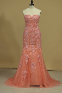 Mermaid Prom Dresses Sweetheart With Beading And Applique Tulle Sweep/Brush Train