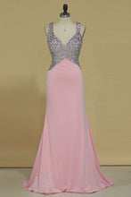 Load image into Gallery viewer, Sexy Open Back Straps Spandex Beaded Bodice Prom Dresses Sheath/Column