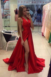 Red V Neck Evening Dresses A Line Sweep Train  With Slit And Ruffles