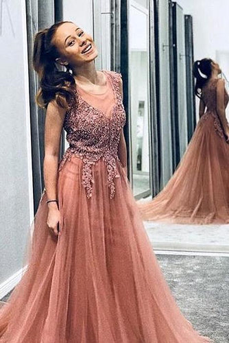 A Line Beaded Long Rosy Brown Tulle Prom Dresses, Round Neck Evening Dresses SJS14991