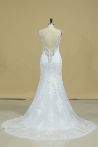 Spaghetti Straps Wedding Dresses Mermaid Open Back With Applique And Beads Tulle