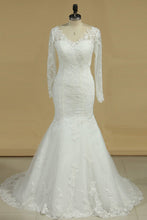 Load image into Gallery viewer, Long Sleeves V Neck Mermaid Wedding Dresses Tulle With Applique Court Train