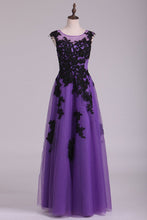 Load image into Gallery viewer, Tulle Evening Dresses Bateau Cap Sleeves A Line With Applique And Beads