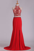 Load image into Gallery viewer, Prom Dresses See-Through High Neck Two Pieces Spandex With Slit And Beading