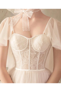 Unique Tulle Lace Long Wedding Dress Ivory Short Sleeves Lace Up Back Bridal SJSPK2YQ77B