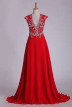 Load image into Gallery viewer, Prom Dress V Neck Open Back Chiffon With Beading Sweep Train