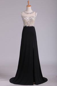 Black Scoop Prom Dresses Sheath With Beading And Slit Spandex