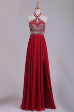 Load image into Gallery viewer, Halter Prom Dresses Beaded Bodice A Line Chiffon With Slit