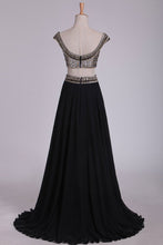 Load image into Gallery viewer, Off The Shoulder Two-Piece A Line Prom Dresses Chiffon With Beading Floor Length